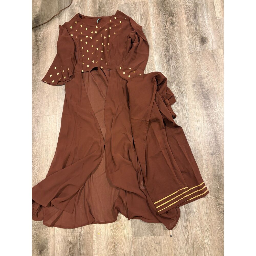 Brown Long-Sleeve Indian Kurta suit with pant and chuni with Gold Foil Dot Print